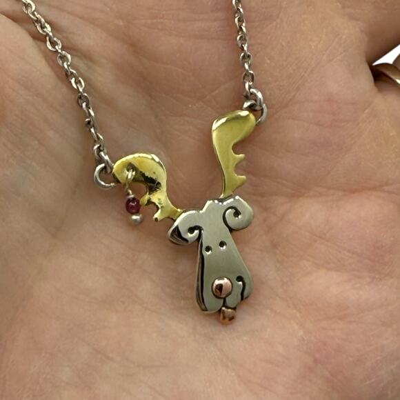 Far Fetched Doggie Reindeer Necklace Mixed Metals Holiday Christmas 18in Chain - Picture 3 of 7